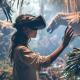 A girl wearing a virtual reality headset in a jungle.