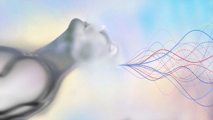 An abstract image of a woman's head with gamma waves incorporated.