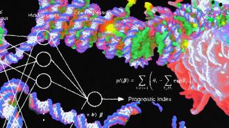 A diagram of DNA strands overlaid with calculations from the AI mentioned in the article.