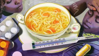 A bowl of soup with a thermometer on it.