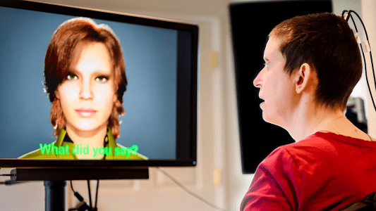 A woman with wires connected to a port in her head looks at a screen with a face on it