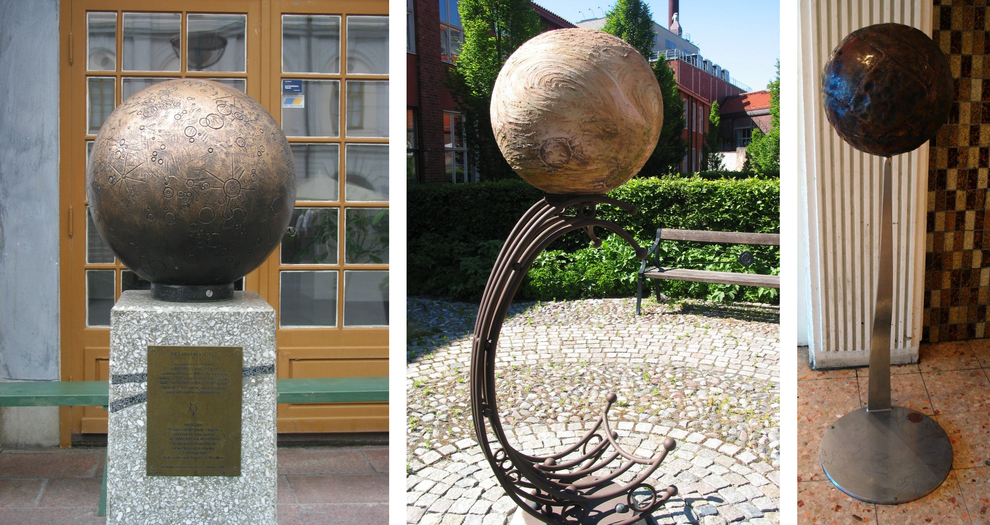 three pictures of sculptures in front of a building.